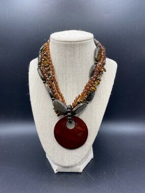 Multi-Strand Brown Acrylic & Natural Tigereye Chips Necklace Round Shell Pendant